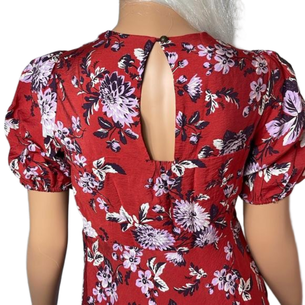 Maeve Anthropologie Red Floral Puff Sleeve Midi Dress 6P Petite High-Low - Picture 8 of 17